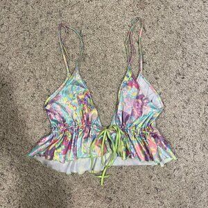 Multicolor Satin Flutter Hem Longline Bralette